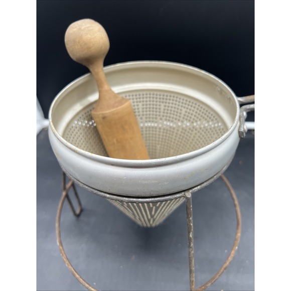 Vintage Aluminum Sieve Strainer 1970s w/ Stand and Wood Masher - Wood Canning - Picture 2 of 10